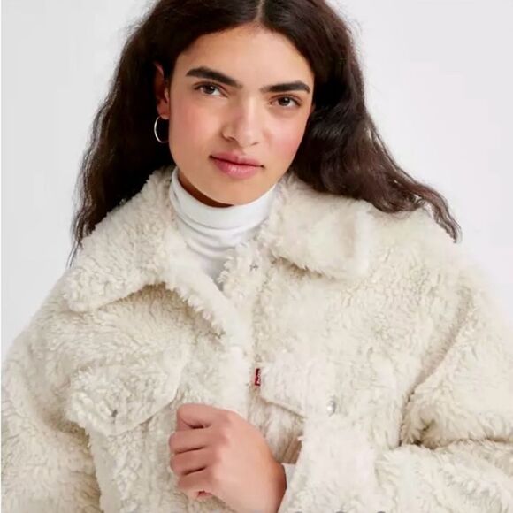 NEW Levi's Baby Bubble Sherpa Trucker Jacket Coconut Milk Cream Off White Size L - Picture 3 of 15